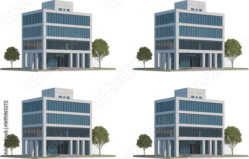 Four identical modern office buildings with trees against a white background