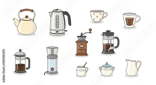 Illustration showing various coffee and tea making equipment in detail