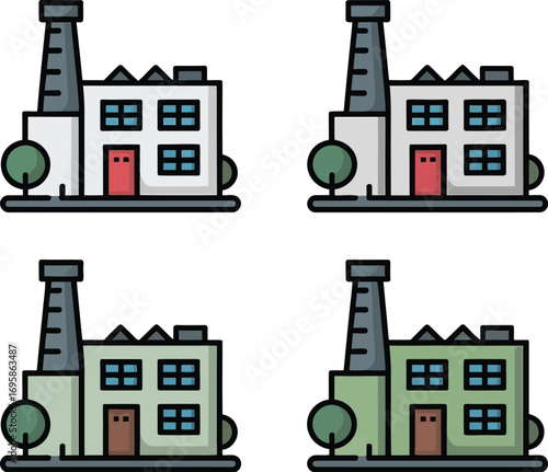 Set of four flat design factory buildings with smokestacks and trees