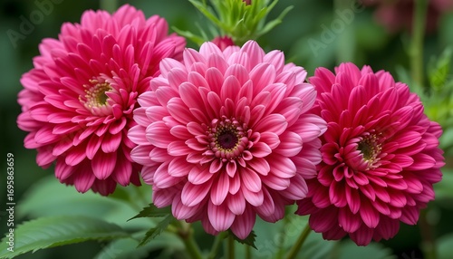 Gros plan sur trois fleurs de dianthus roses vives