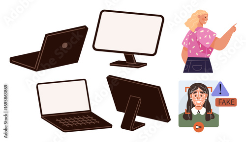 Laptop, desktop monitor, womans gesture of caution, fake online content alert. Ideal for technology, misinformation, internet safety, online learning, remote work digital ethics critical thinking
