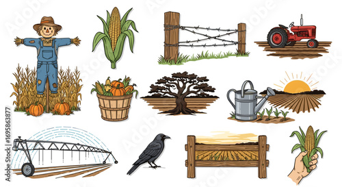 Illustration of various farming elements including crops and equipment
