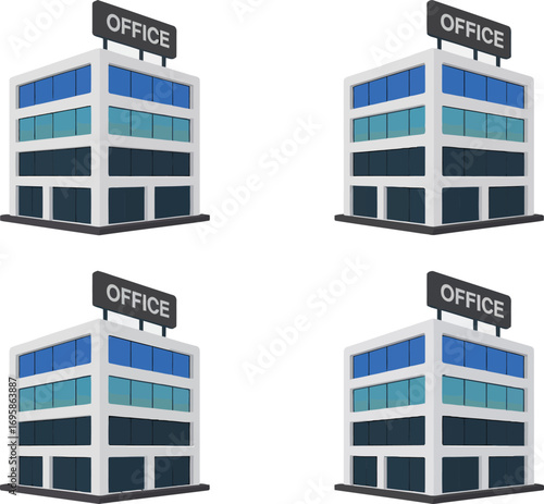 Set of four identical modern office buildings with blue and green glass facades
