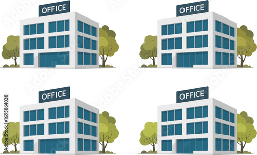 Four identical modern office buildings with trees and clear blue sky backgrounds
