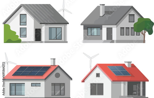 Modern eco friendly houses featuring solar panels and wind turbines