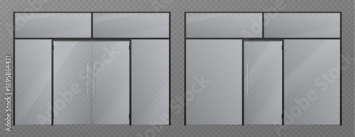 Glass door entrance set with transparent panels and black frames for modern commercial architecture. Double and single entryways with metal handles for office buildings or retail storefronts.
