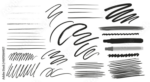 Collection of hand drawn lines scribbles and marker strokes on white page