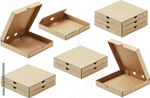 Collection of open and closed cardboard pizza boxes in isometric view