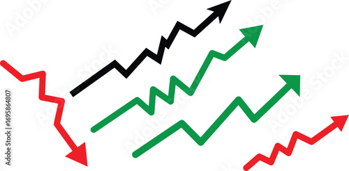 Set of colorful zigzag arrows representing financial market trends, showing growth and decline
