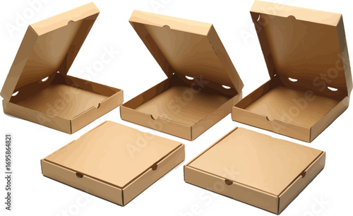 Several empty cardboard pizza boxes arranged on a white background