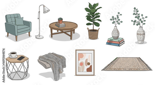 Illustration of a living room setup with furniture and decorations