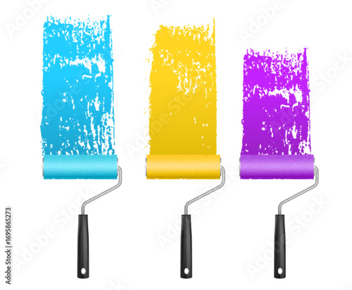 Paint roller brush set with vibrant stroke patterns - blue, yellow and purple colors on metal handles with black grips. Textured rectangular shapes with professional tools for wall decoration.