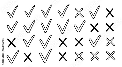 An arrangement of check marks and x marks in a grid pattern on white