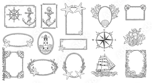 A collection of nautical themed frames and elements in black and white