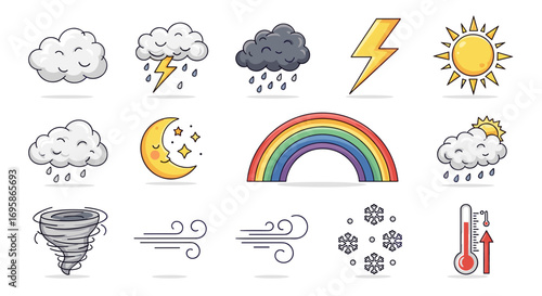 Illustration of various weather elements and atmospheric conditions icons