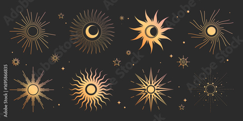 Celestial boho set with gold sun designs and moon crescents on dark background for mystical or astrology projects. Radiating rays with stars and cosmic elements. Decorative spiritual symbols.