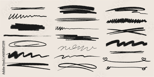 Hand drawn crayon stripe collection with rough textured marks and organic shapes. Black charcoal brushstrokes - wavy lines, circular frames, zigzag patterns and decorative heart design elements.
