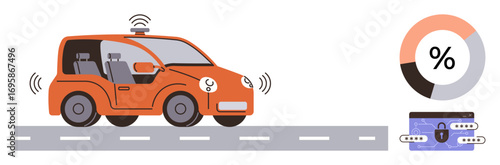 Self-driving car emitting wireless signals, pie chart representing data analysis, and secure wallet icon. Ideal for technology, smart vehicles, AI, data analytics, safety, innovation digital