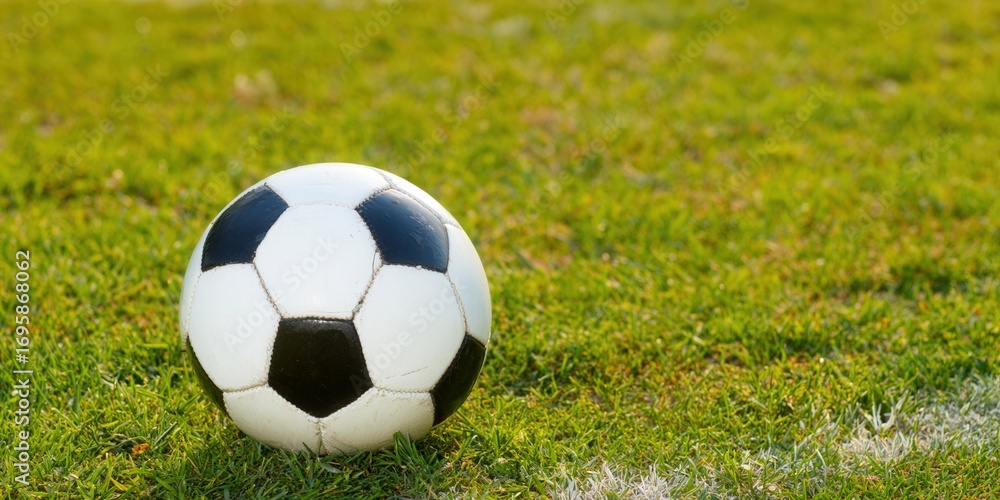 Fototapeta premium A classic black and white soccer ball sitting on a lush, green field, ready for play.