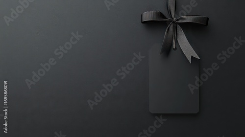 Elegant black gift tag with ribbon on a dark background perfect for luxury branding and promotions