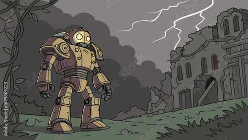 Illustration of vintage robot in storm with ruin building digital art concept
