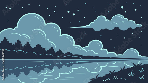 Night landscape illustration with lake reflection clouds and stars vector graphic art