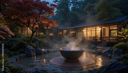 Vue nocturne sereine d'une source chaude japonaise et d'un jardin