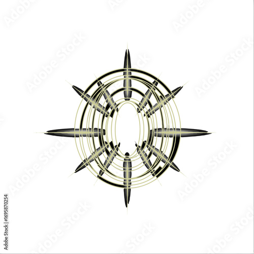 Vector art of vintage compass rose emblem with intricate swirls and sharp edges