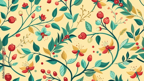 Whimsical botanical pattern with red berries and flowers