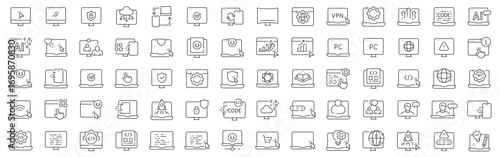 Clean outline PC icon set for computer, laptop, browser, cloud, code, security, VPN, download, upload, dashboard, analytics, AI, network, wifi