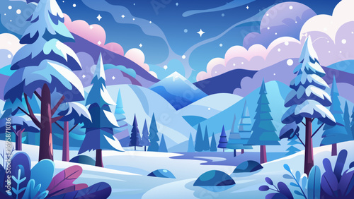 Vibrant winter landscape with snow covered trees and mountains
