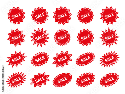 Red splash badges set. Discount price stickers. Starburst shapes. Sale star burst promo boxes, stamps. Circle tag product labels. Vector illustration.