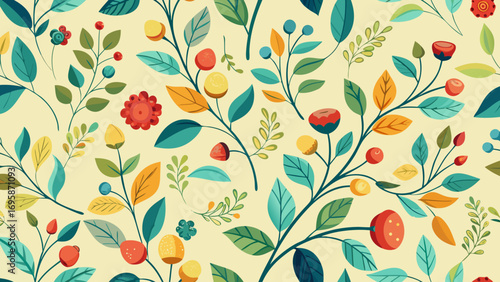 Whimsical floral pattern with berries and leaves