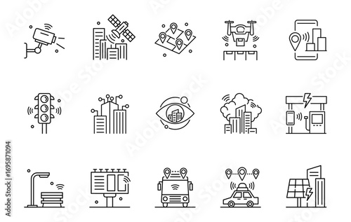 Set of Smart city icon, Modern town, Green city, Smart Taxi thin line and pixel Symbol Outline icon Editable Stroke
