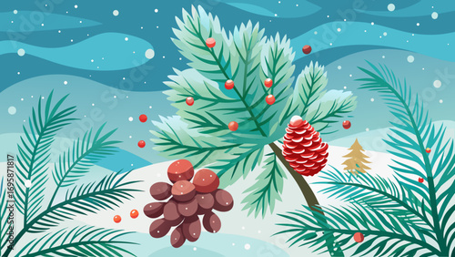 Winter pine branch with berries and pinecone in snowy landscape