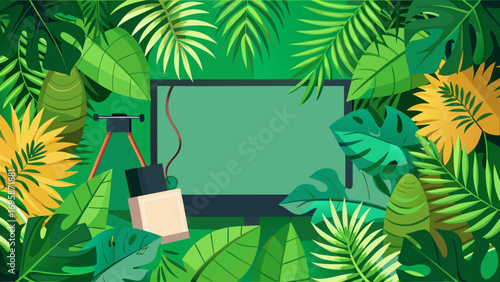Tropical jungle screen with camera and tripod