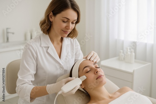 Skincare specialist performs treatment on client in modern spa setting during daytime