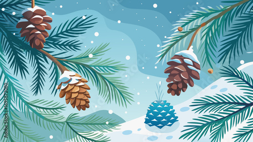 Winter pine cones on snowy evergreen branches