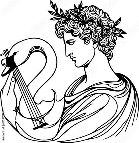 Classical male figure holding a lyre and swan in artistic style  