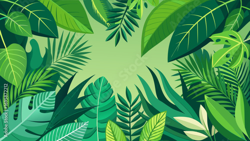 Vibrant green tropical jungle leaves border background