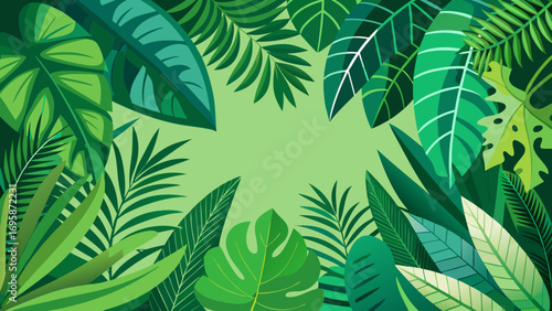 Vibrant green tropical leaves border with light green background