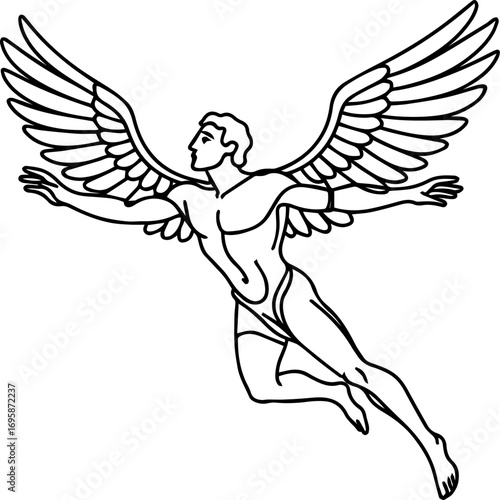 Winged man flying with outstretched arms in outline style  