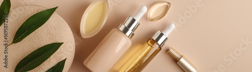 A serene arrangement of skincare products displayed alongside natural elements, emphasizing beauty and self-care.