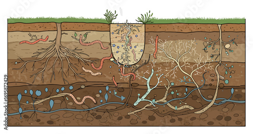 Soil Layers Cross Section Vector: Roots, Worms, Mycelium
