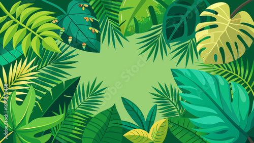Vibrant tropical jungle leafy border with a light green center