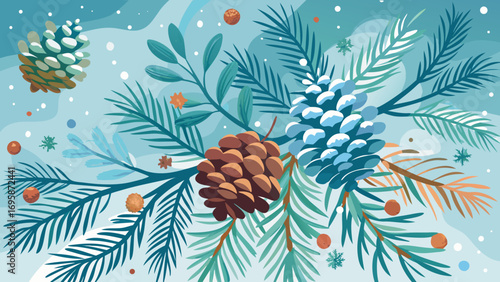 Winter pinecones and evergreen branches with snowflakes