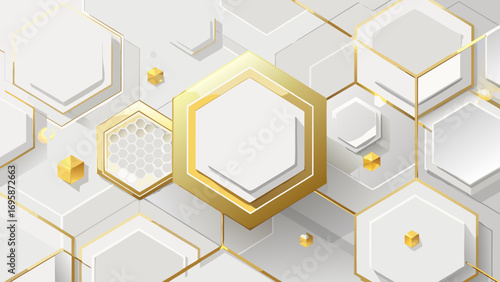 Abstract geometric hexagons with gold accents and cubes
