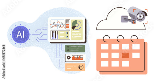 AI node processes data analytics, event scheduling grid, cloud-linked surveillance camera. Ideal for technology, automation, security, cloud services, innovation, time management digital