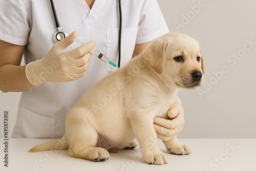 Caring veterinarian administers vaccination to a puppy in a clinical setting during a routine check-up