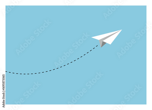 Minimalist Paper Airplane Flight Trail on Sky Blue
